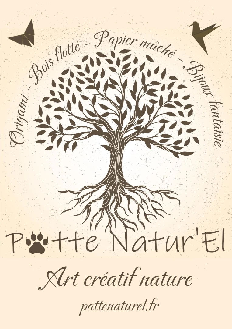 Affiche pour artisan créateur Patte Natur'El avec arbre de vie et origamis