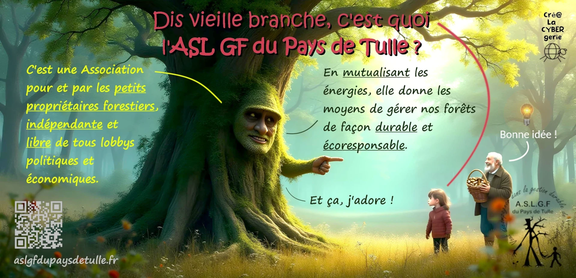 FLyer promotionnel avec vieil arbre qui recommande une écoresponsable association forestière